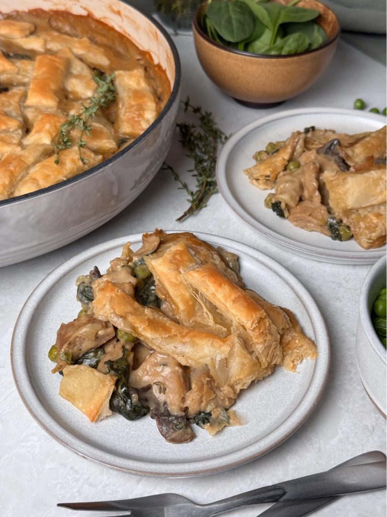 Slices of vegan mushroom chicken pie.