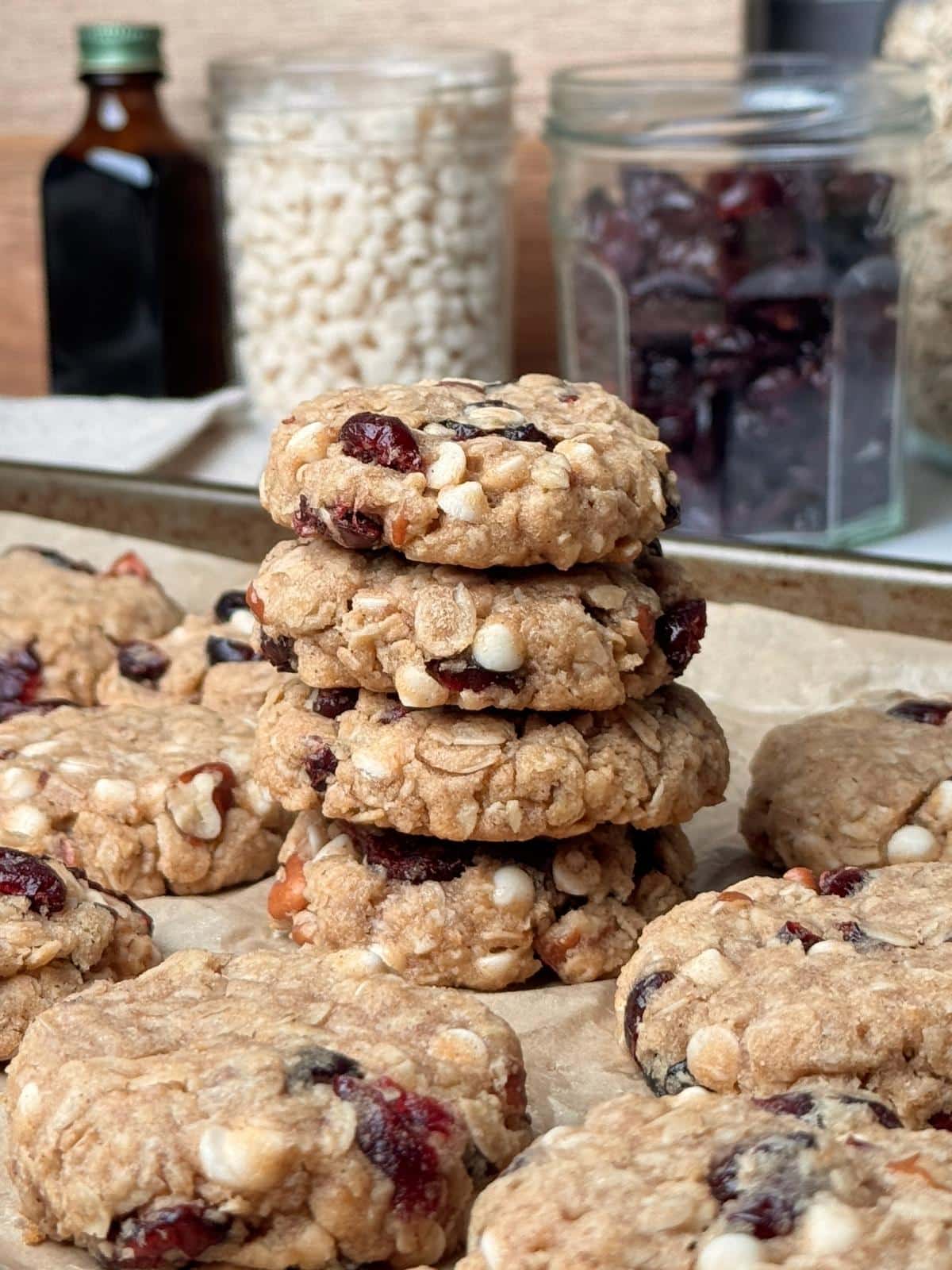 Stacked cranberry cookies.