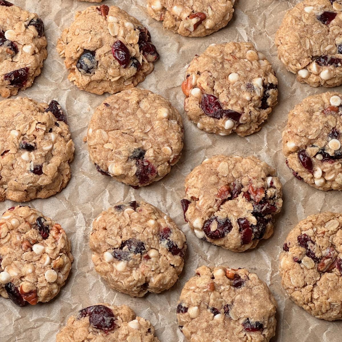 A tray of vegan cranberry oatmeal cookies.