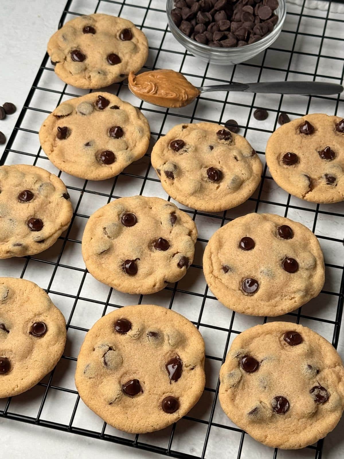 A cooling rack with peanut butter cookies.