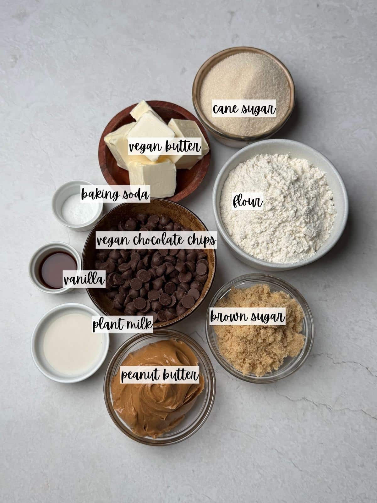Labeled ingredients for peanut butter cookies.