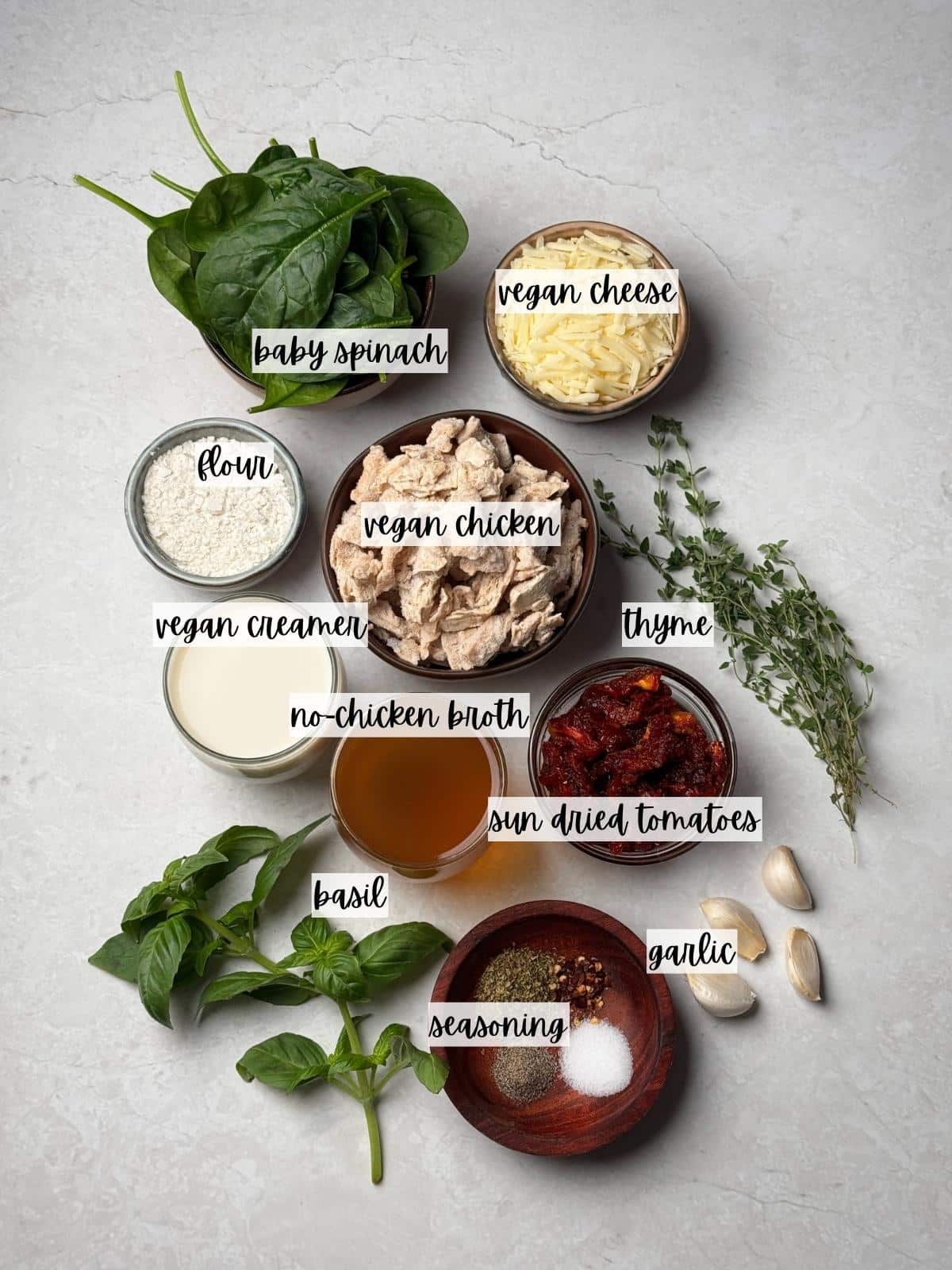 Labeled ingredients for vegan marry me chicken.