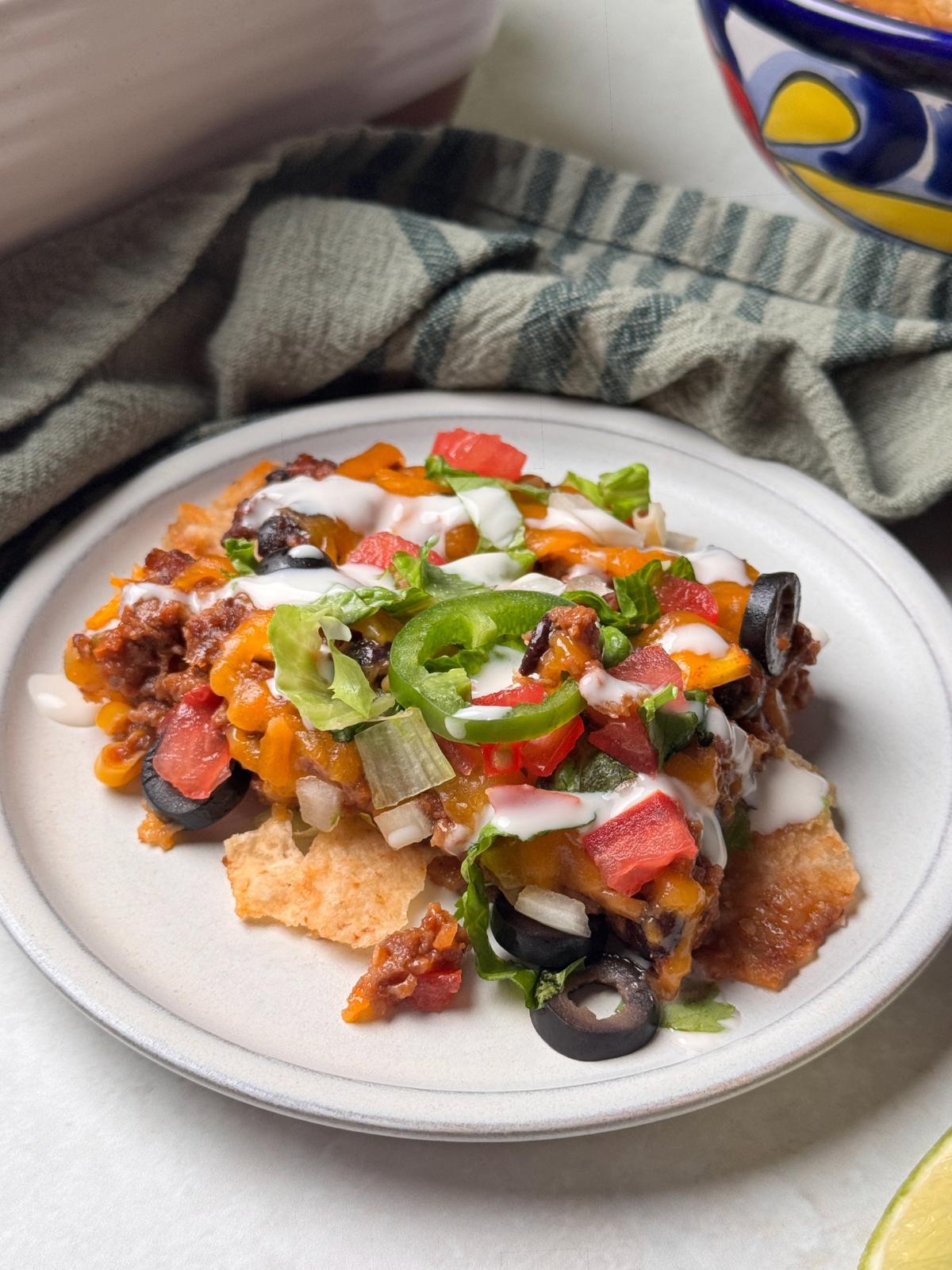 A slice of vegan taco casserole.