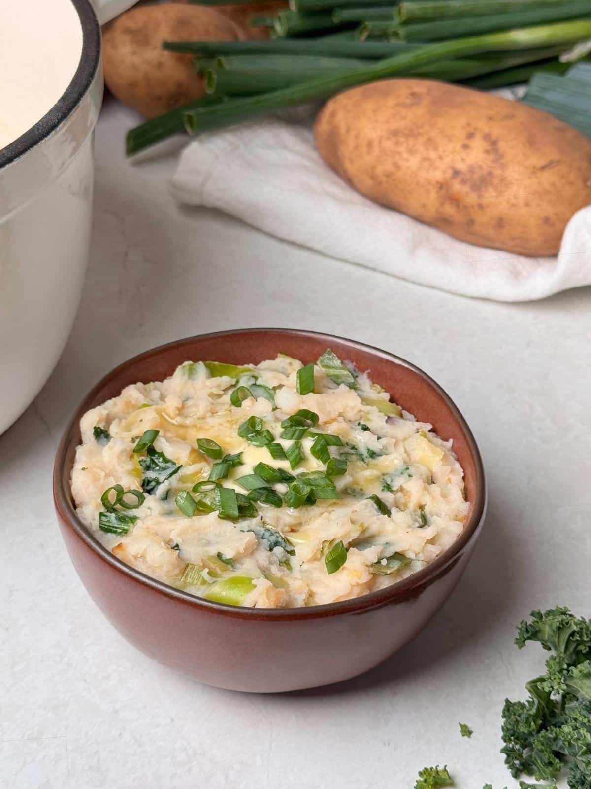A bowl of vegan colcannon cabbage potatoes.