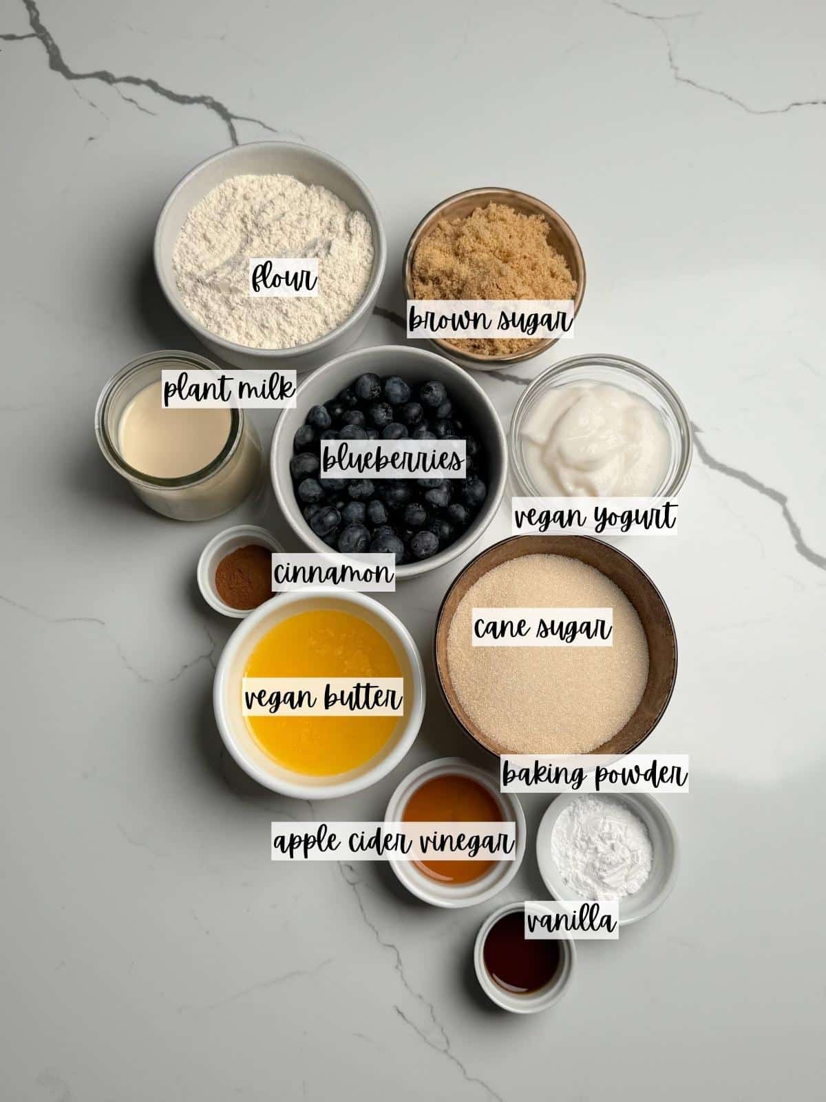 Labeled ingredients for blueberry coffee cake.