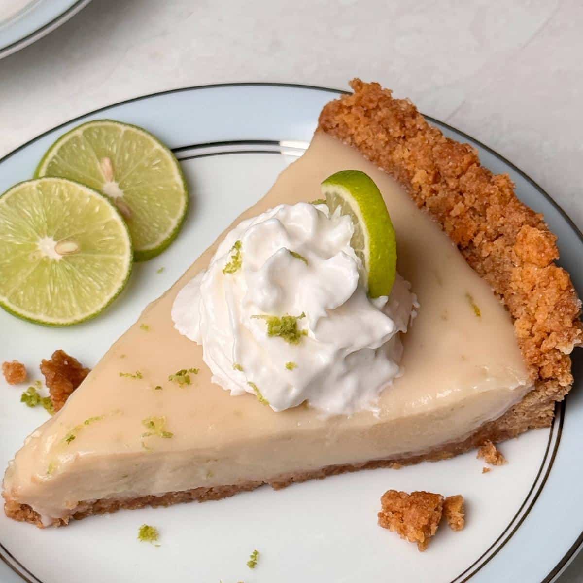 A slice of vegan key lime pie with whipped cream and lime zest on top.