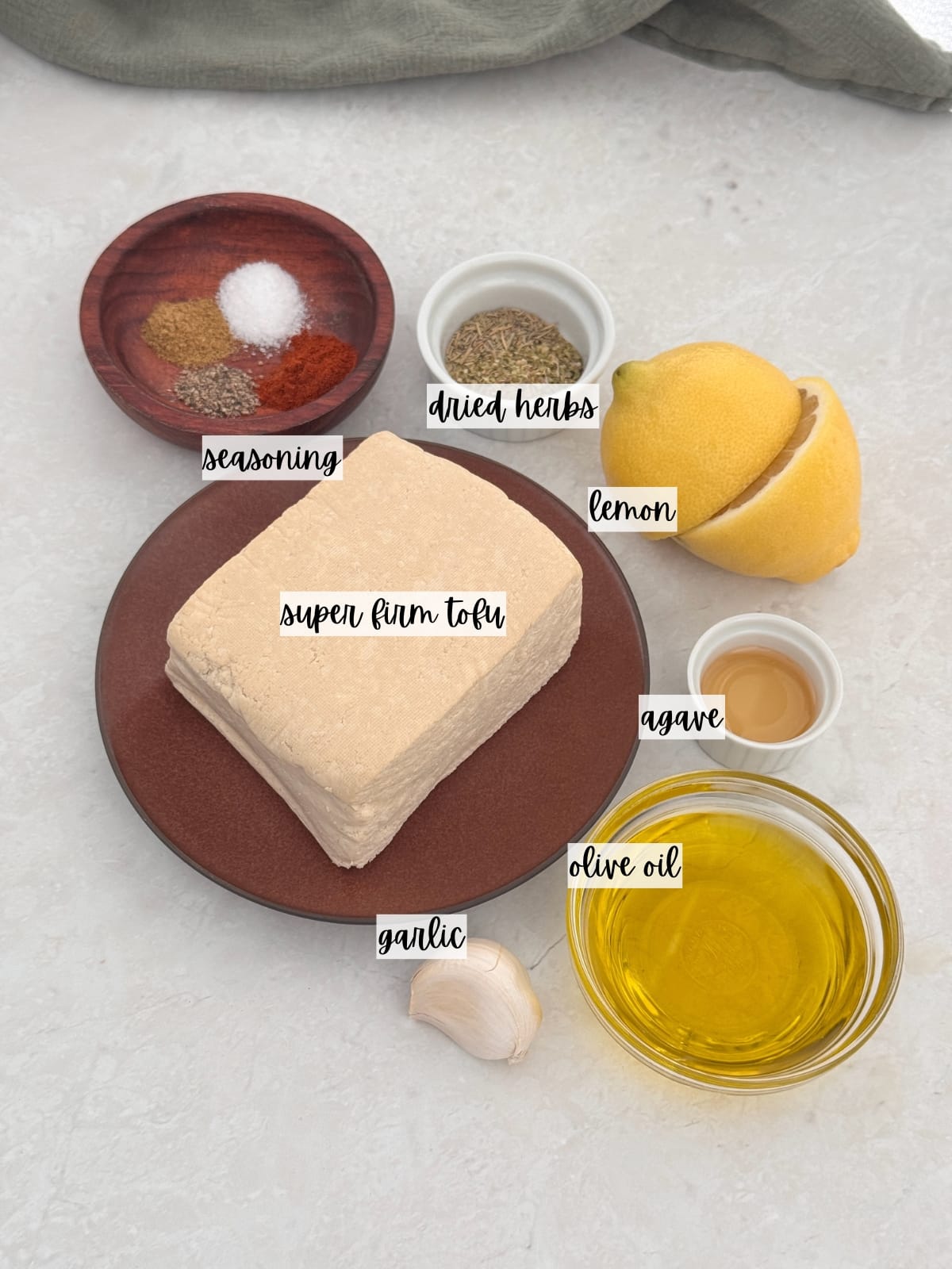 Labeled ingredients for vegan souvlaki.