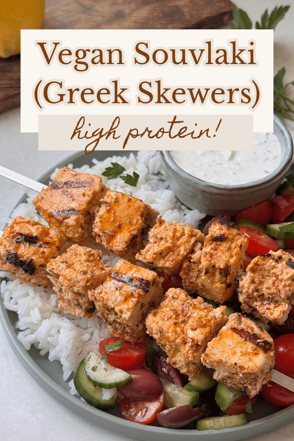 Pinterest pin image of vegan souvlaki.