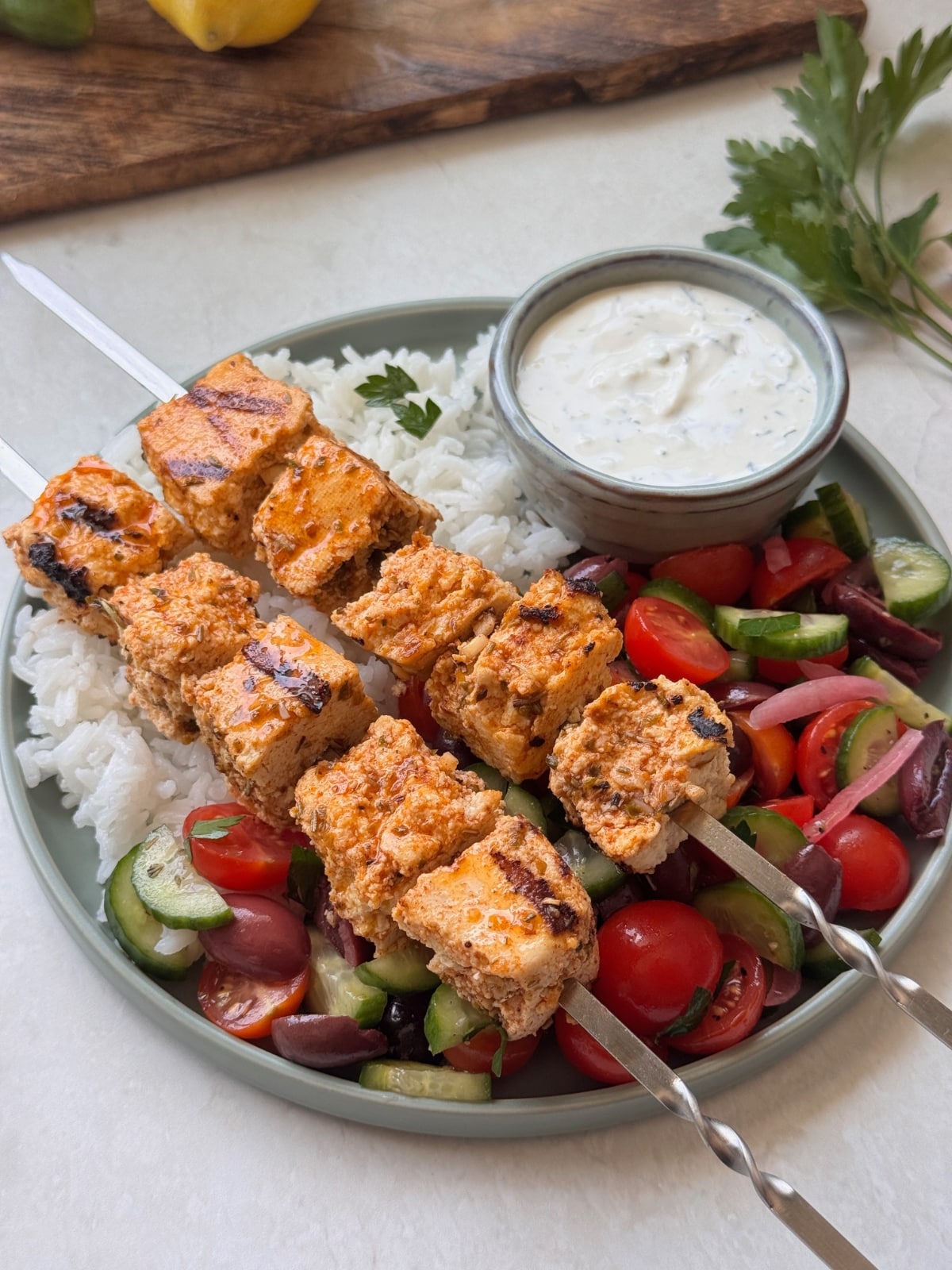 Tofu souvlaki skewers.