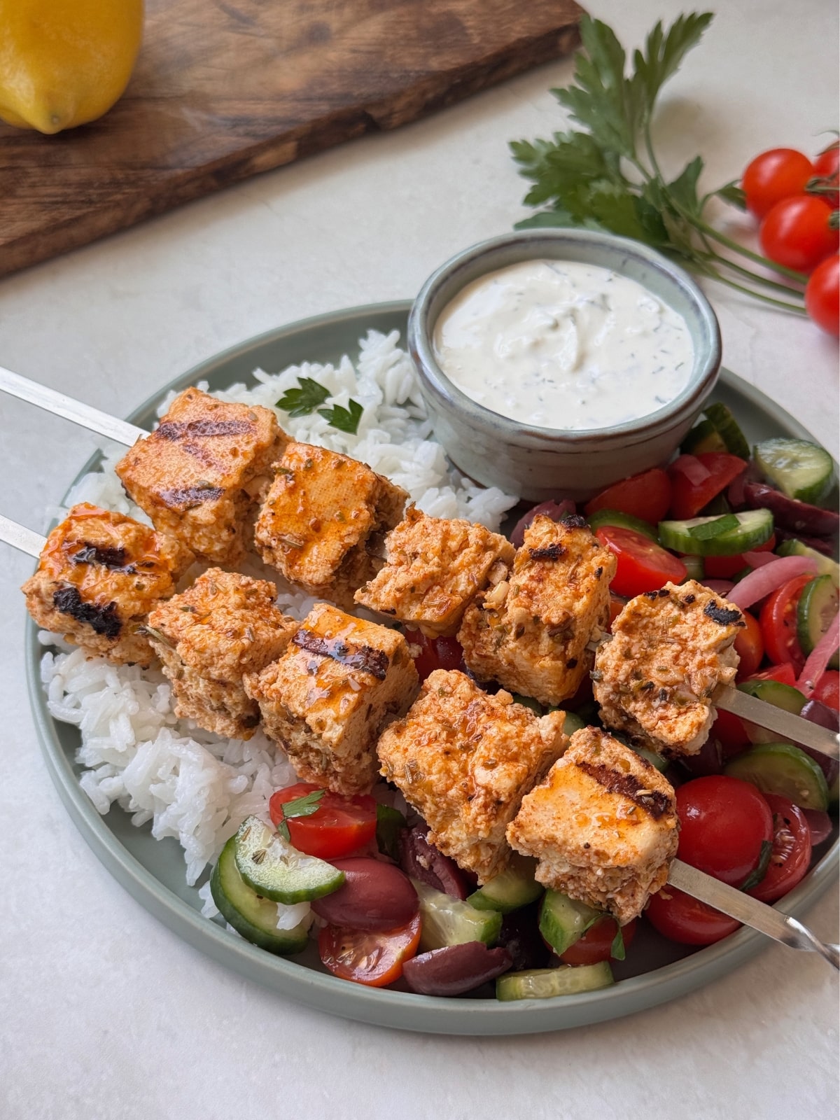 Vegan souvlaki Greek skewers.