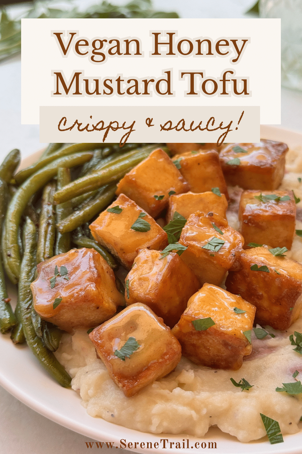 A pinterest pin image of honey mustard tofu.