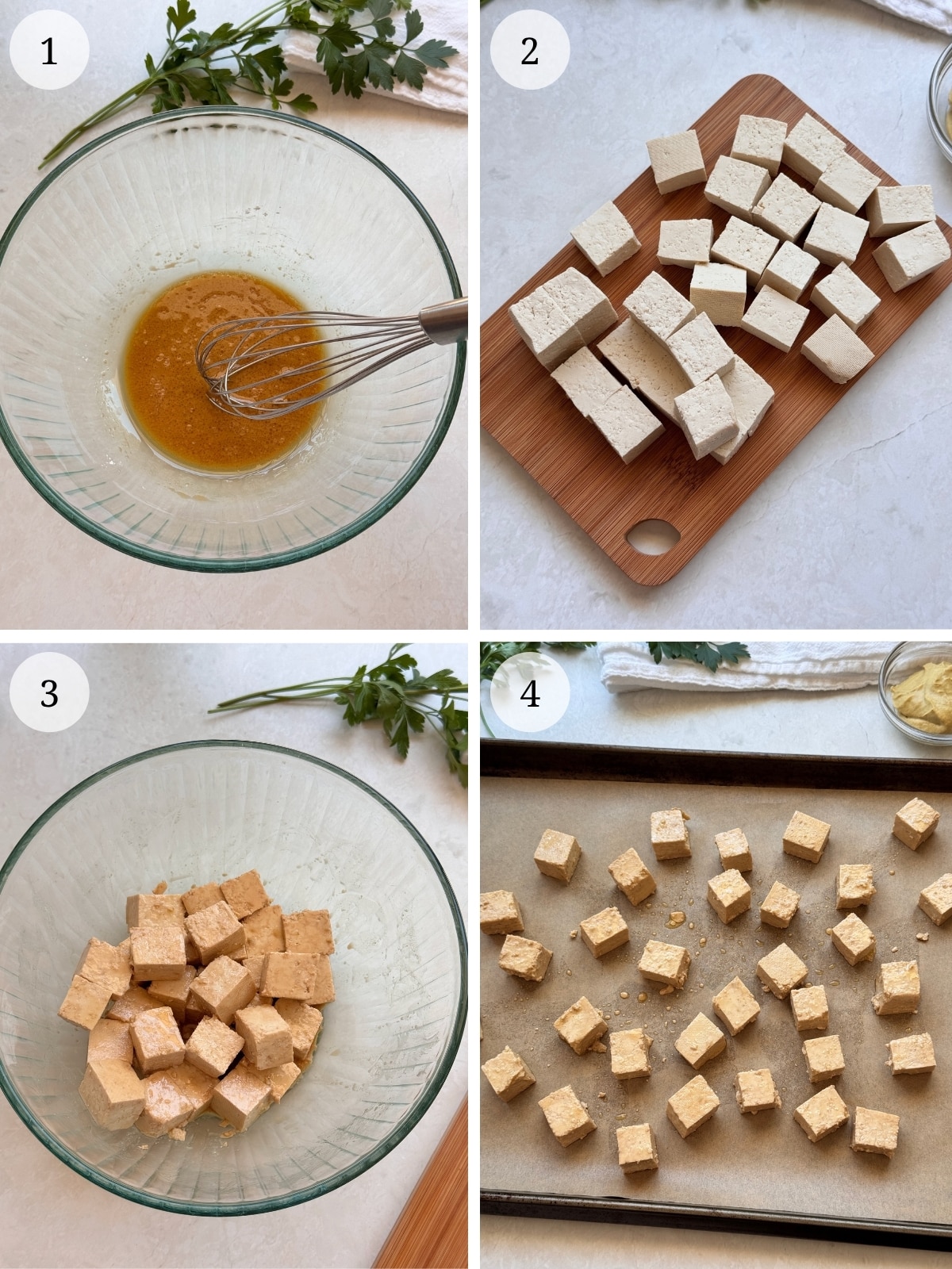 First set of steps for honey mustard tofu.