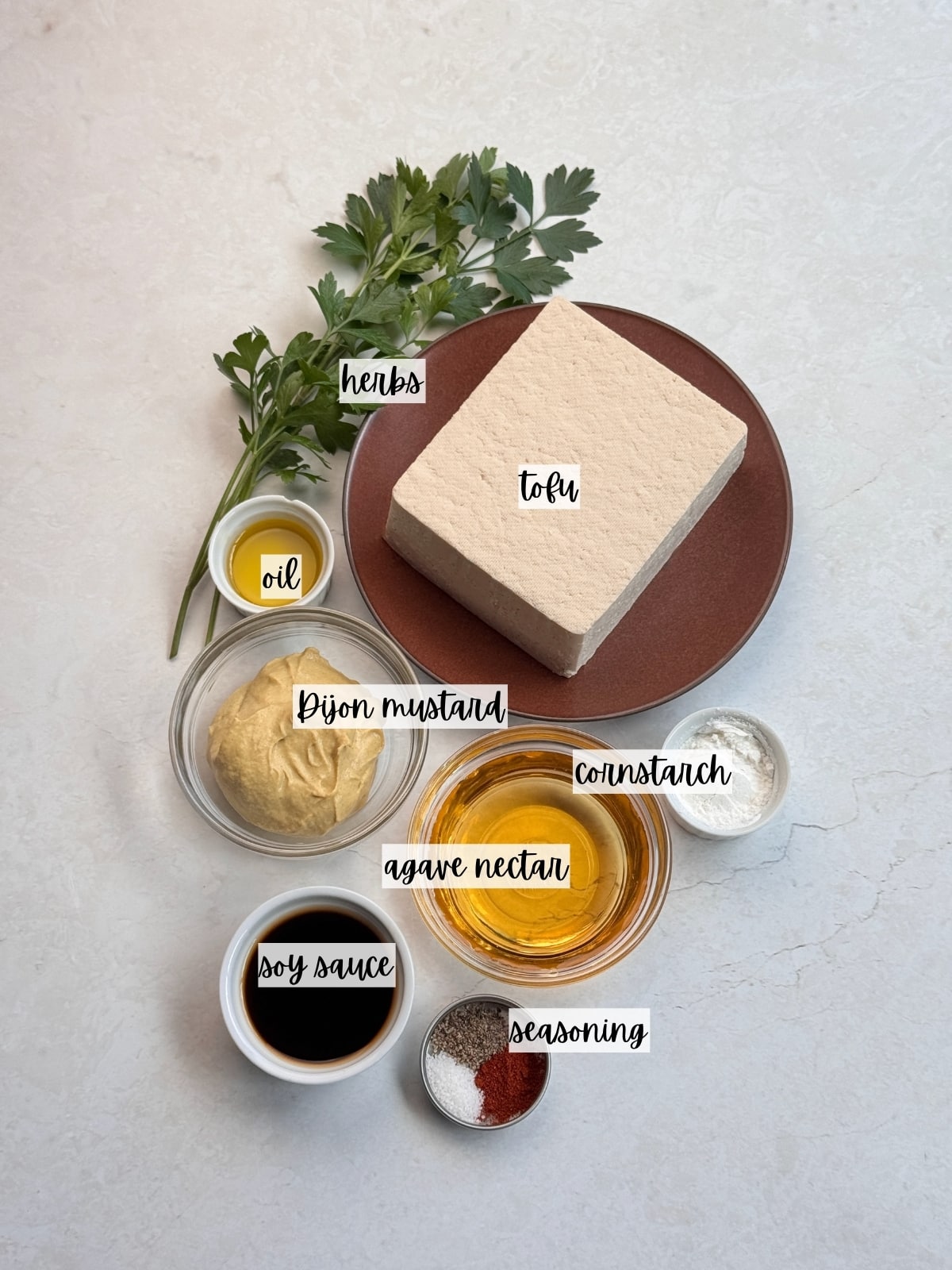 Labeled ingredients for honey mustard tofu.